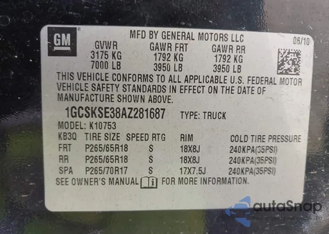 2010 Chevrolet Silverado 1500 Lt z USA, uszkodzony, nr VIN 1GCSKSE38AZ281687